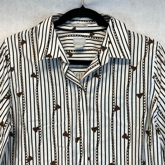 CHICO’S Women’s Button Down Shirt Size 1 (8) White Black Chain Tassel Print - Picture 2 of 9